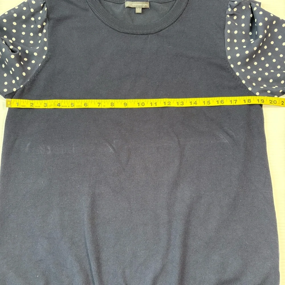 Adrianna Papell Dark Blue Top with Polka Dot Pattern Sheer Sleeves SzL Preppy - Picture 6 of 11
